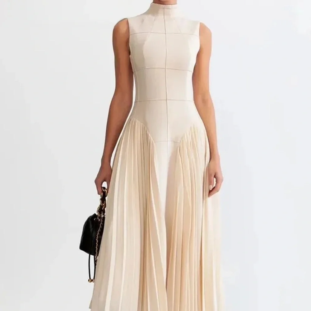 Elegant designer nude mock neck bodysuit pleated skirt blush dress small - Picture 5 of 13